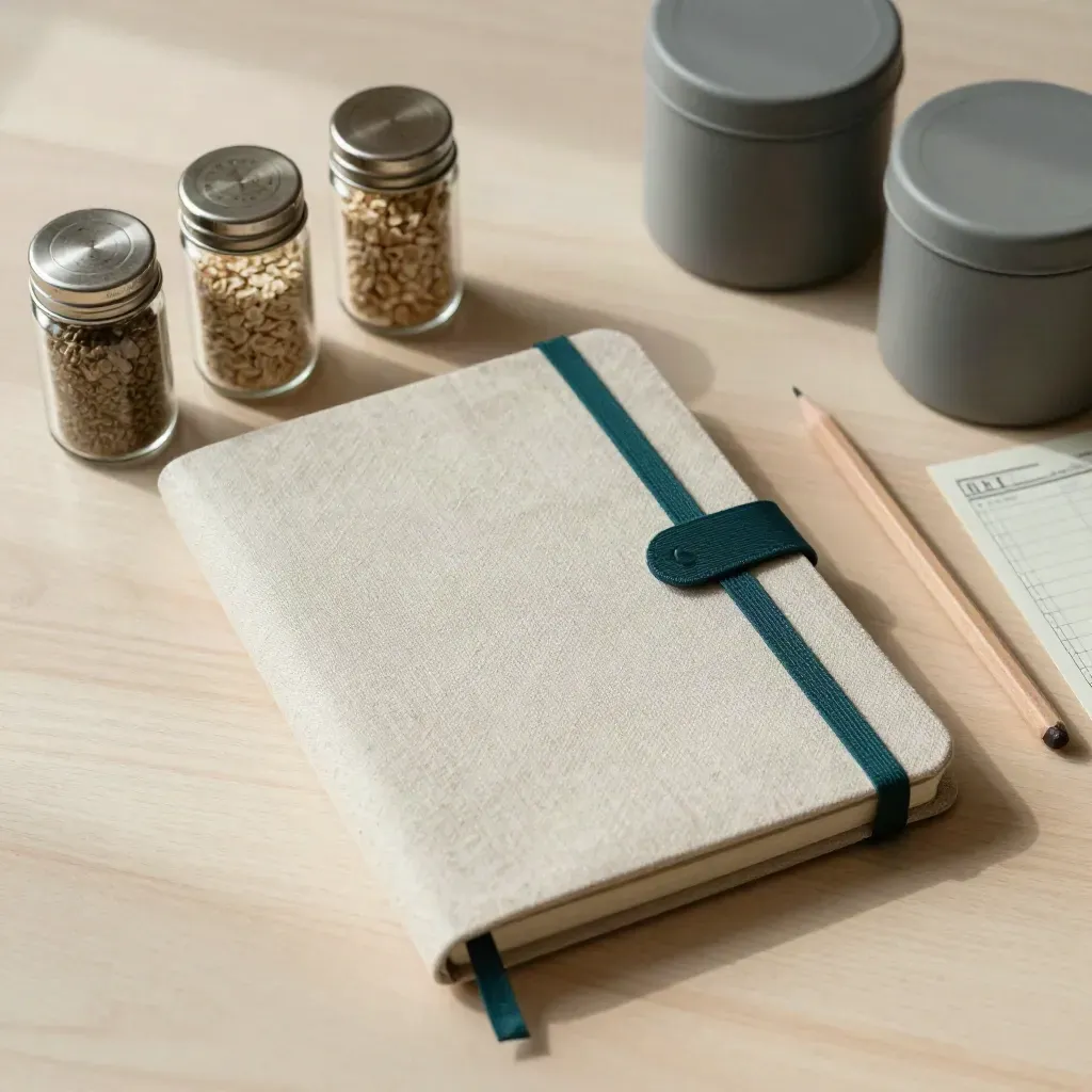 Overhead wellness plan flatlay with notebook, spice jars, meal containers and a pencil on pale wood