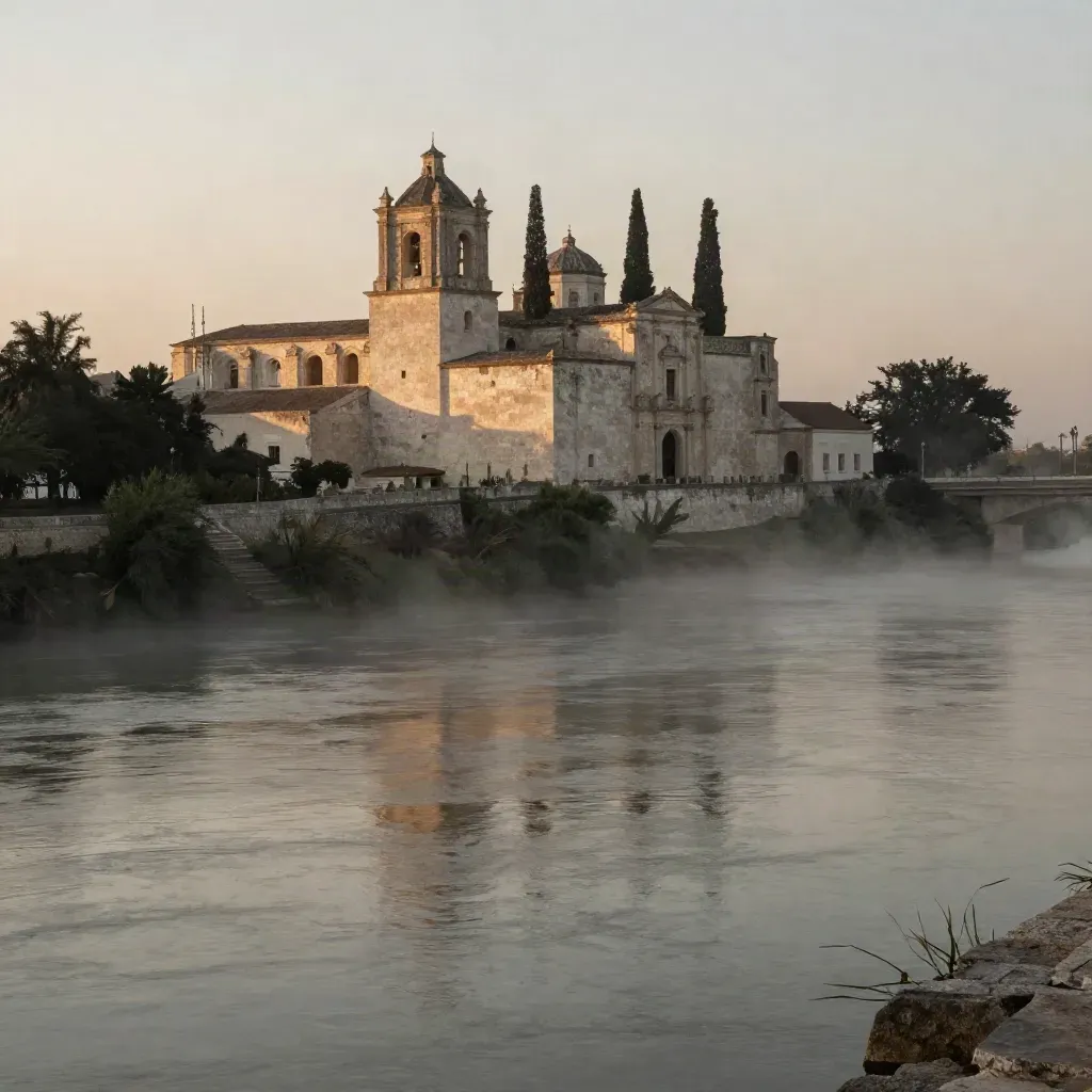 Sunset over a limestone mission and cypress trees above the San Antonio River bend.