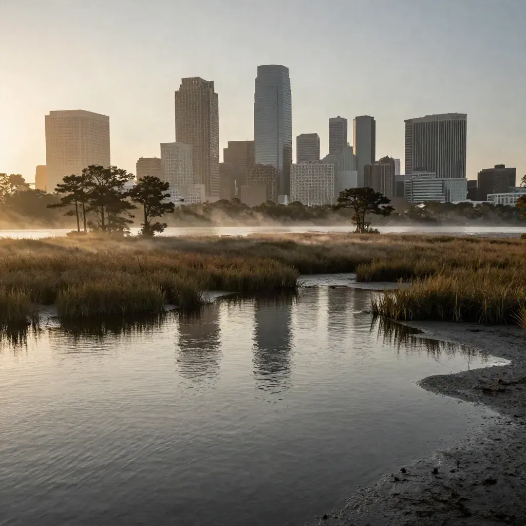 Houston skyline over bayou flats at golden hour with cypress silhouettes and hazy reflections.