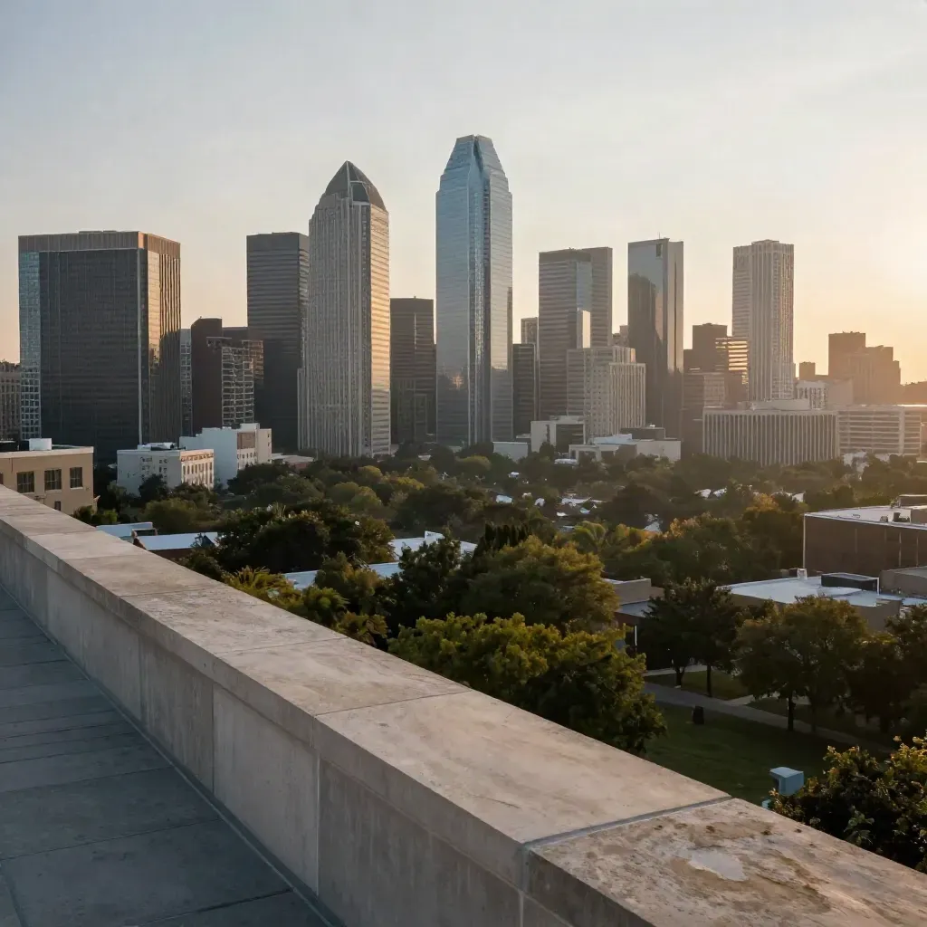 Dallas skyline above the Trinity corridor in warm dawn haze