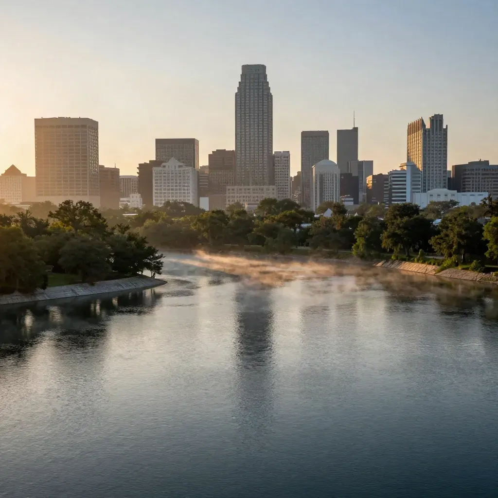 Austin skyline glowing above Lady Bird Lake in warm haze and calm open water.