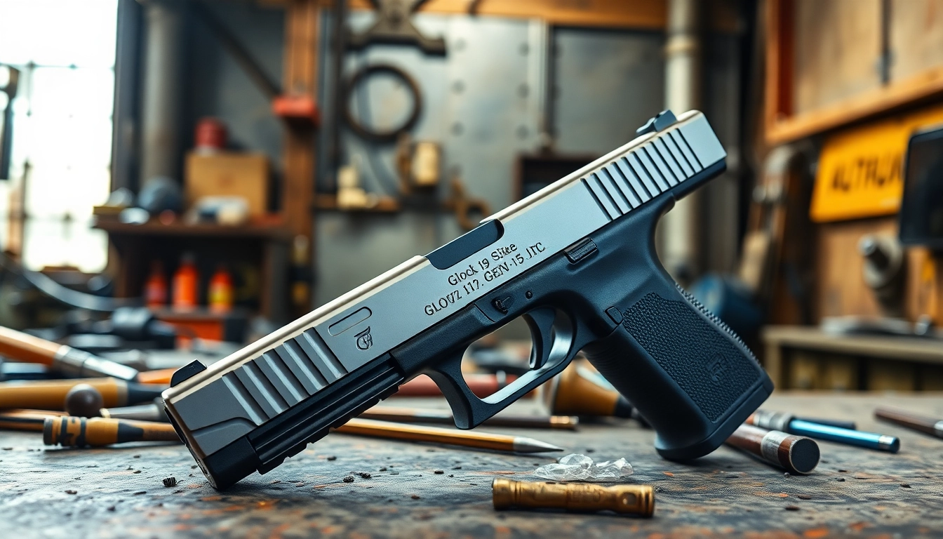 Showcase of glock 19 gen 5 slide on a workbench amid workshop tools, emphasizing design and craftsmanship.