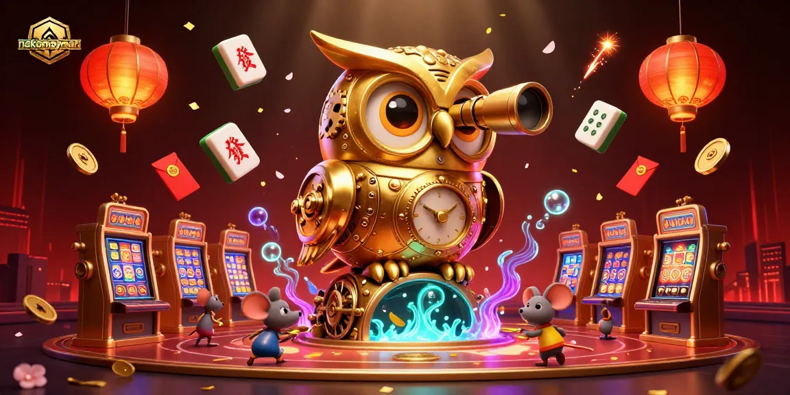 Experience the vibrant action of nekomayman with a golden owl and animated casino elements.