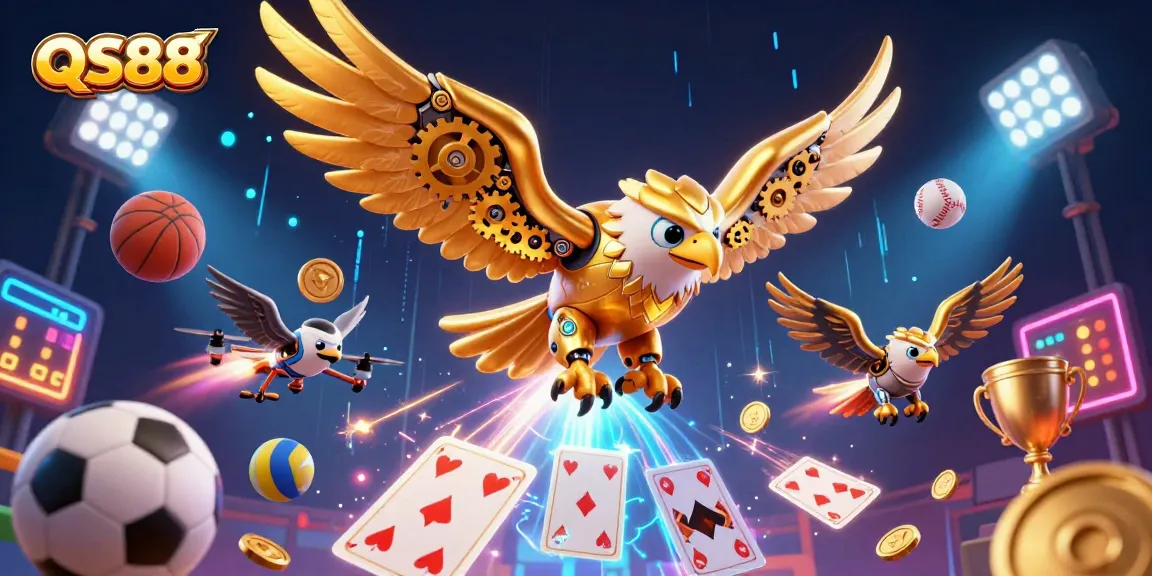 Engage with QS88 as the golden eagle soars through holographic cards, showcasing exciting sports betting elements.