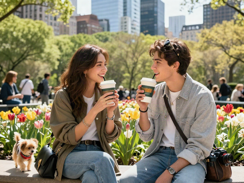 Celebrities that look alike enjoying a cheerful moment in an urban park, showcasing street fashion and vibrant city life.