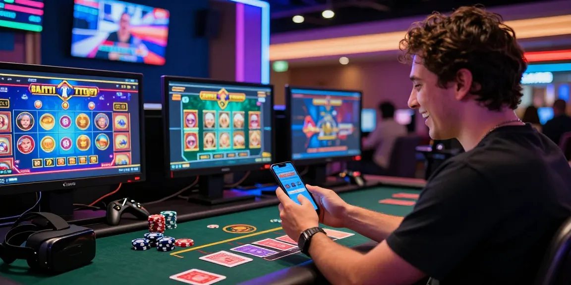 Player celebrating a win on Bandar Togel app in a vibrant casino environment, surrounded by screens and gaming gear.