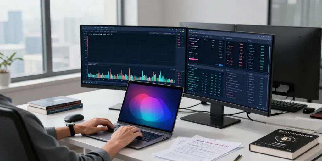 金融データプロバイダー 日本 showcased in a modern crypto trading office with multiple screens displaying real-time market data and analytics.