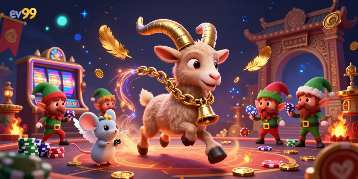 ev99 hosts a lively casino scene with a Krampus goat and playful characters at a poker table.