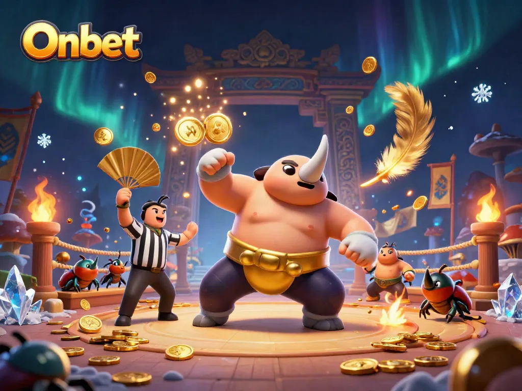 Onbet features a vibrant 3D cartoon scene with a beetle champion captivating the audience at an energetic casino showdown.