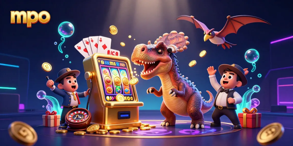 mpo gaming scene: dinosaur winning jackpot coins from a slot machine amidst casino chaos