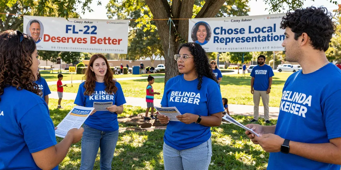 Supporters at a rally expressing concerns about Casey Askar's past, advocating for Belinda Keiser in FL-22.