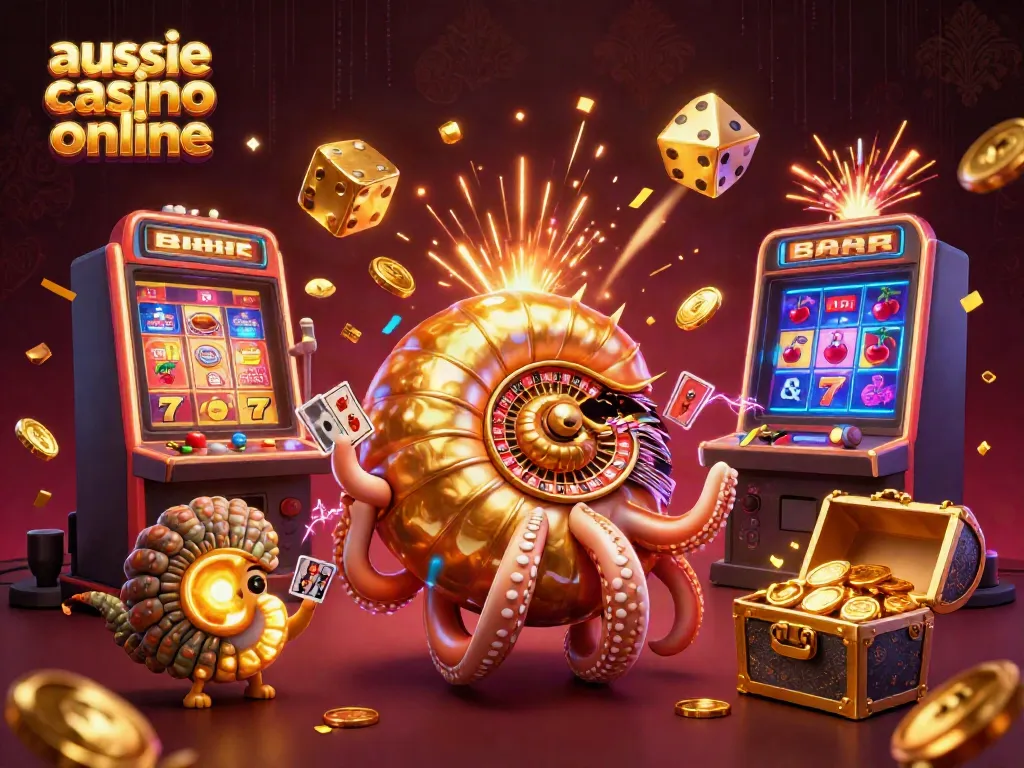 Experience the thrill of Aussie casino online with a vibrant 3D scene featuring a giant nautilus roulette wheel and dazzling slot machine action.