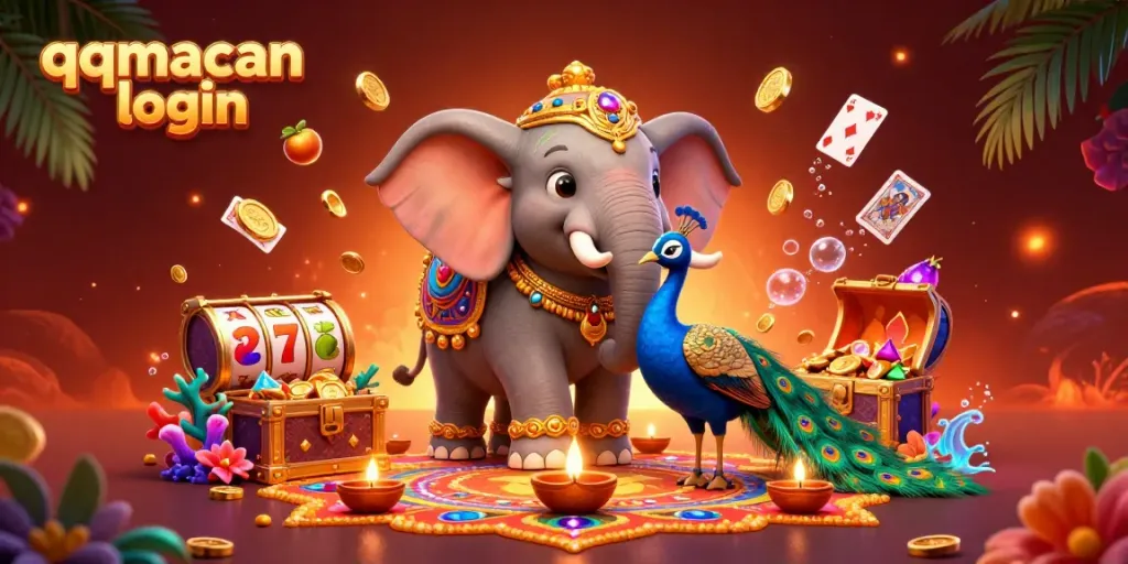 Experience the thrilling qqmacan login with an enchanting scene of a cartoon elephant amidst vibrant casino elements.