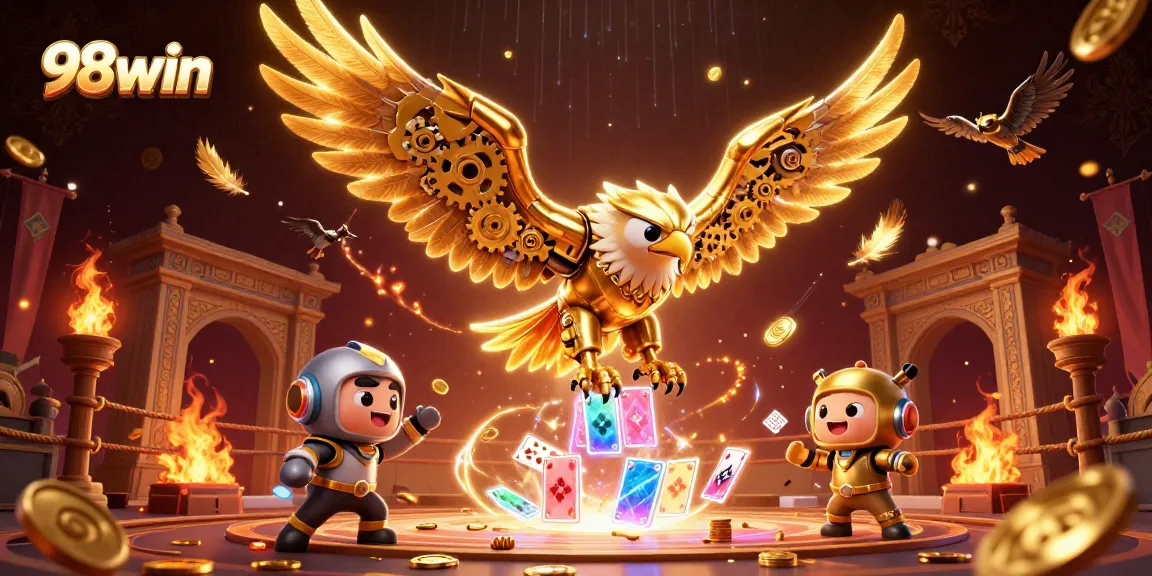 Join the excitement at 98win, where a golden eagle dives through holographic cards in a vibrant casino scene.