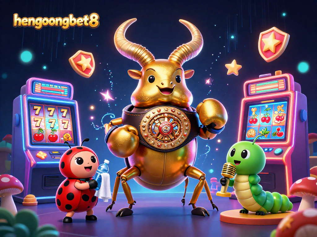 Engage in thrilling action with hengongbet8, featuring a golden stag beetle champion amidst slot machines.