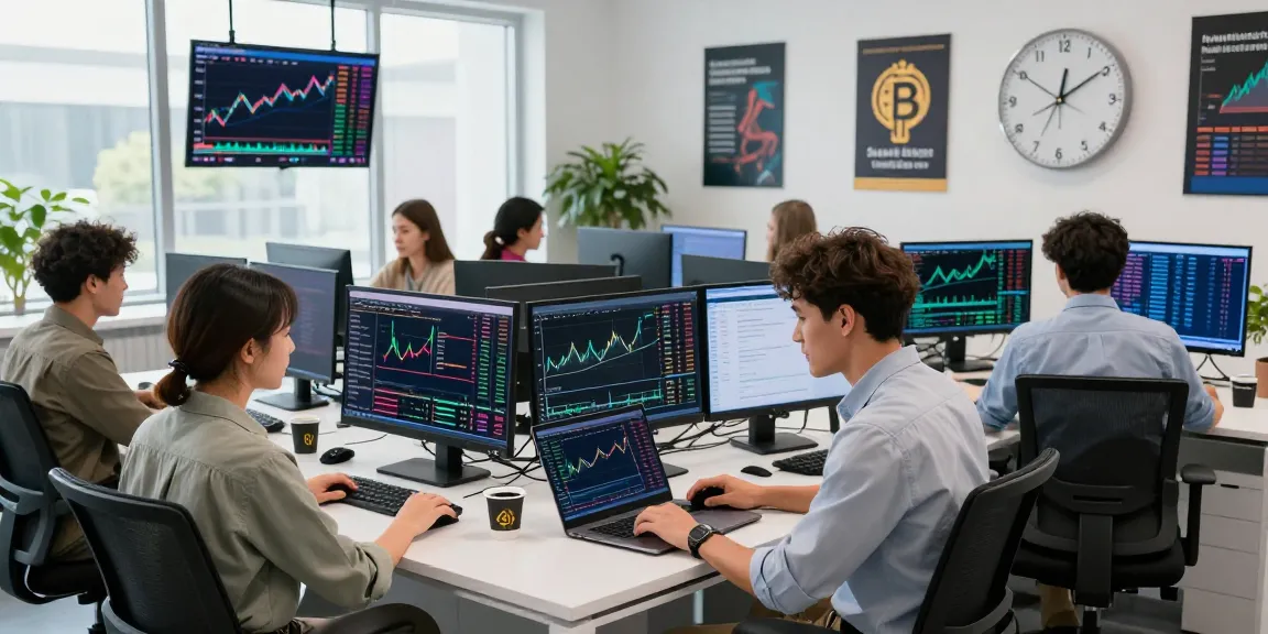 Traders at XXKK Crypto Exchange analyzing live market data in a modern office.