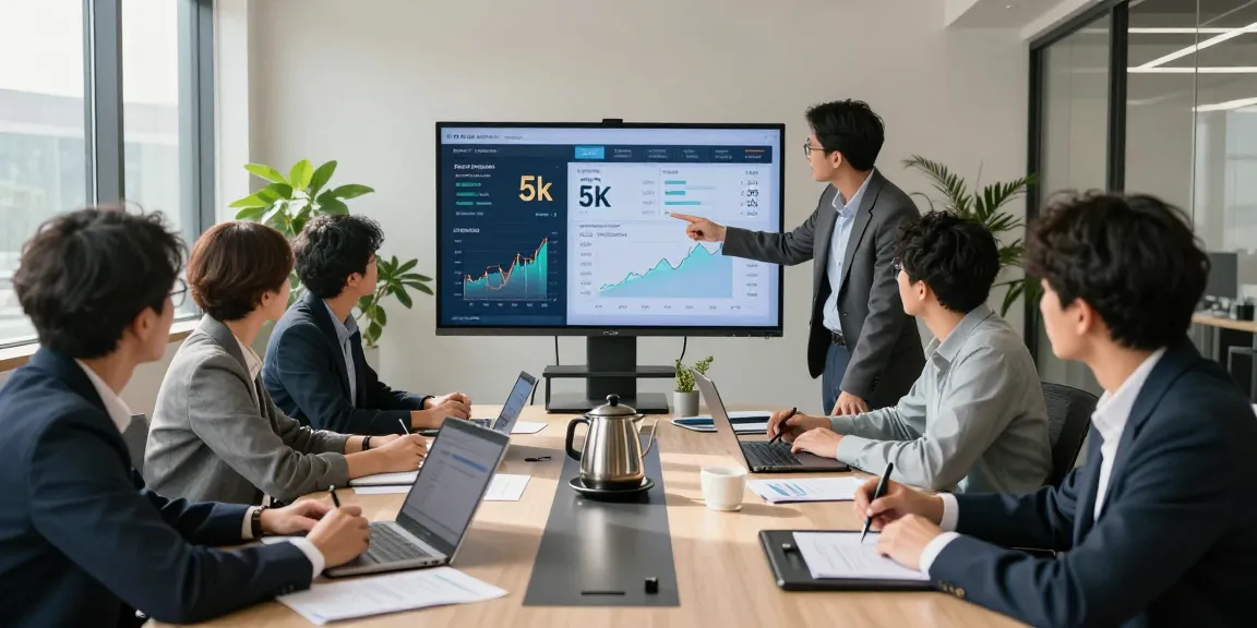 Team of financial analysts discussing slot deposit 5k strategies in a modern office.