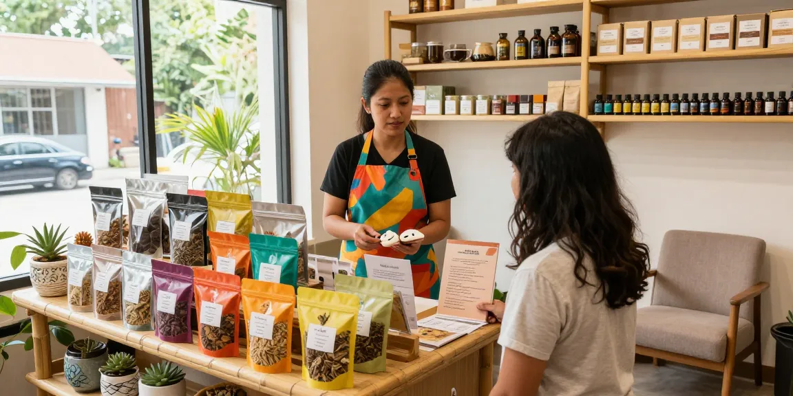 Shop employee guiding customer through the best kratom for sale, showcasing vibrant herbal products and natural wellness items.