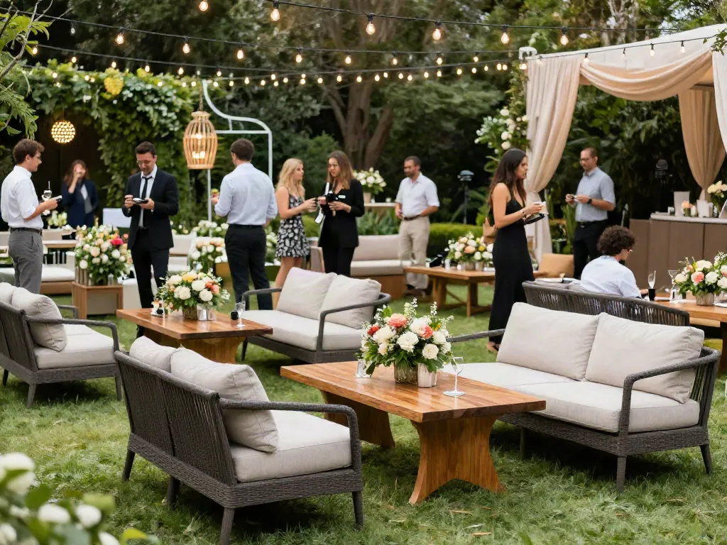 Event furniture rental displayed in a stunning outdoor setup with stylish seating and floral decor.