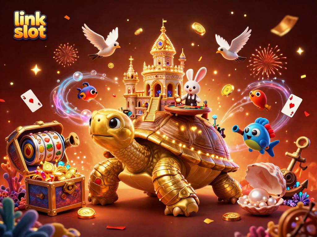 Win big at link slot with a golden tortoise casino scene filled with vibrant characters and celebratory elements.