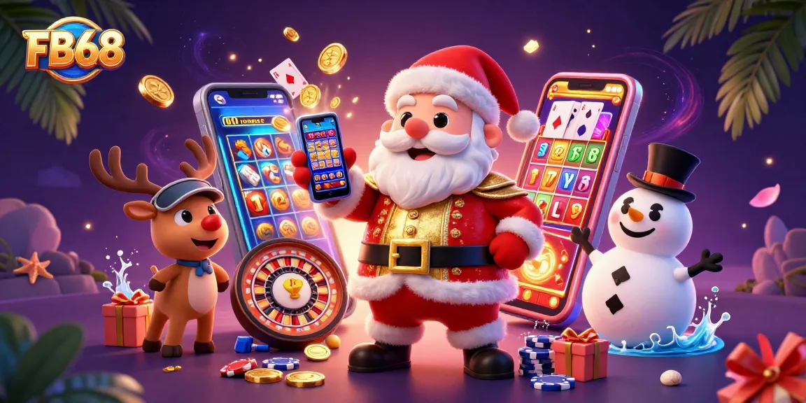 Experience thrilling jackpot excitement at FB68 with Santa and friends at a dynamic casino scene.