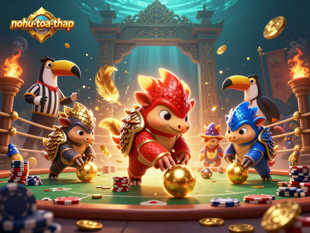 Nohu-toa-thap features thrilling gameplay with rival pangolins bowling through poker chips in a vibrant casino scene.