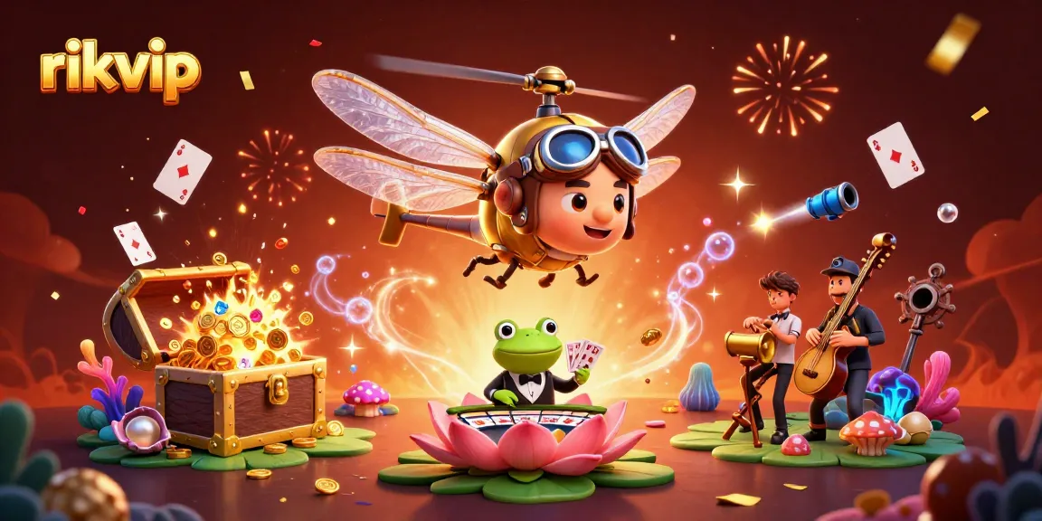 Join the excitement at rikvip with a vibrant casino scene featuring a dragonfly pilot and a frog croupier.