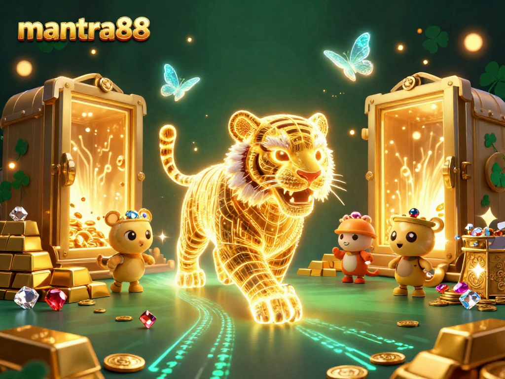 Win with mantra88, exploring colorful casino aesthetics with a vibrant golden tiger in a digital jackpot