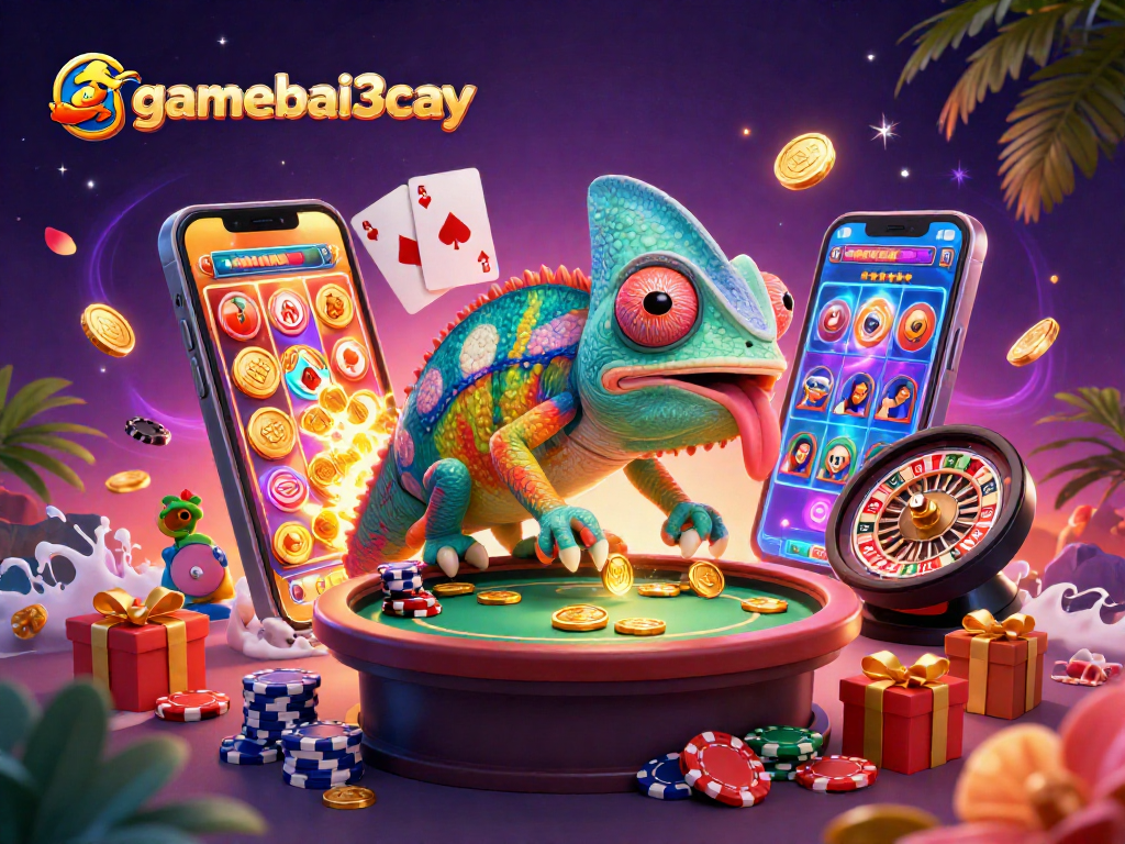 Win big at gamebai3cay with animated chameleon owner attracting golden coins.