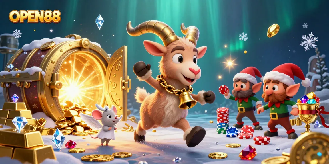 Join the festive chaos at OPEN88's holiday-horror casino, as gremlins swipe poker chips amidst gems and gold.