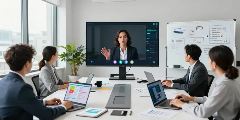 Deepfake protected Online Video Calls, Meetings and Conferencing in a modern office with a diverse team collaborating.