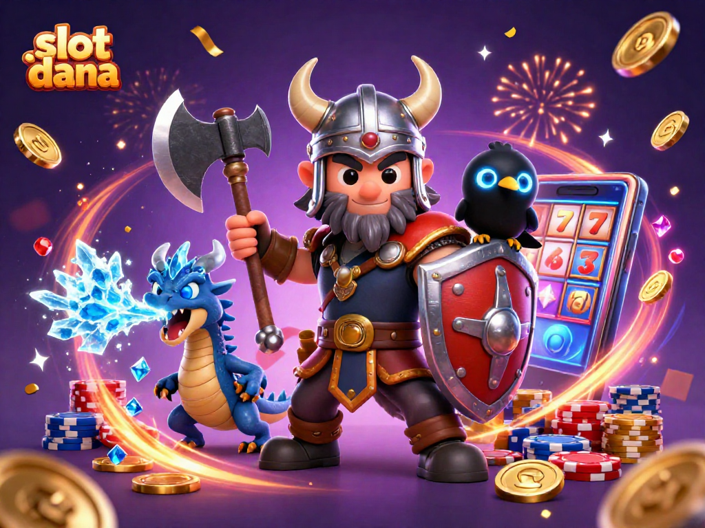 Play exciting games on slot dana with the Viking warrior and dragon in a vibrant casino scene