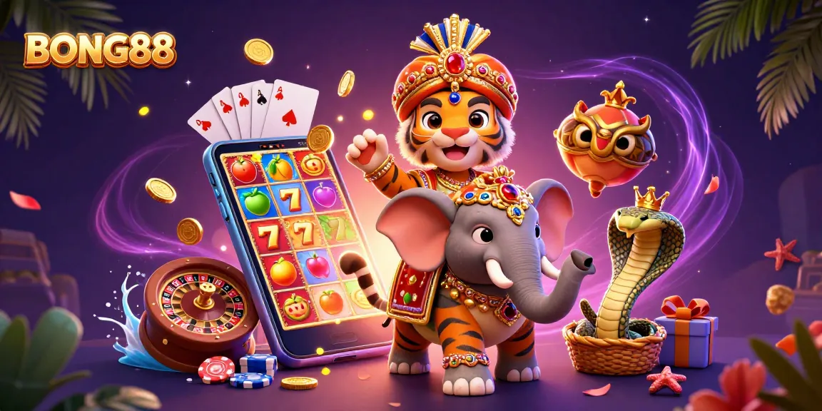 BONG88 features a vibrant 3D illustration showing a maharaja tiger with a jewel-encrusted elephant, set against a dynamic casino backdrop.