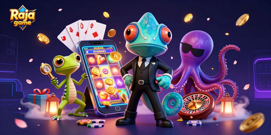 Engage with the vibrant Raja game featuring animated chameleon and tech-savvy gecko scenes, highlighting casino excitement.