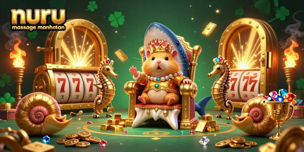 Nuru massage Manhattan shines in a vibrant casino atmosphere with a golden hamster king and sparkling treasures.
