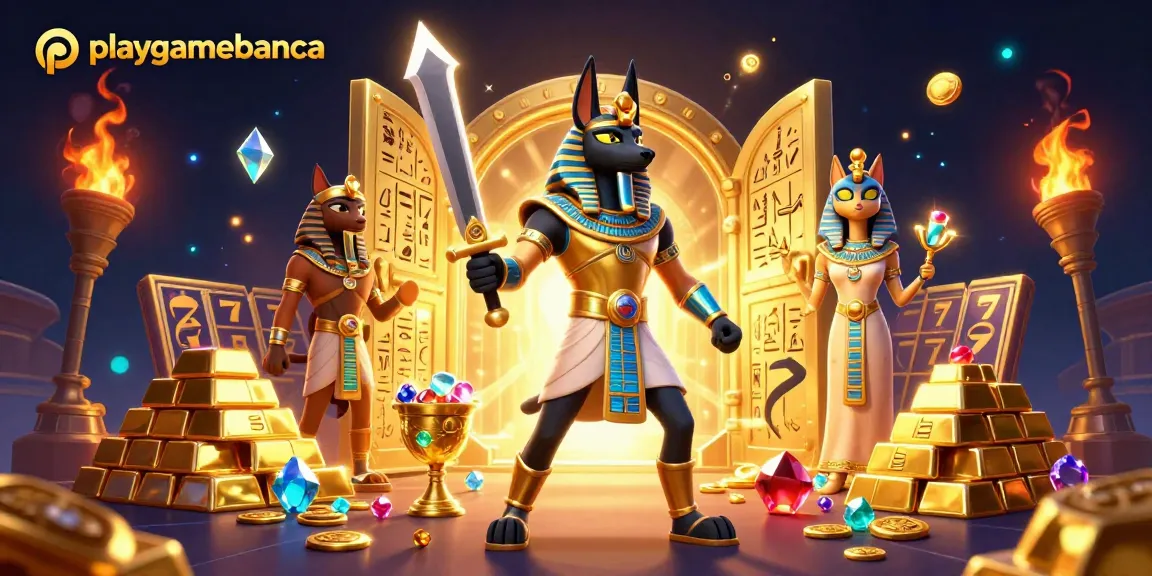 Experience playgamebanca's thrilling slots with Anubis and Bastet in a vibrant casino scene.