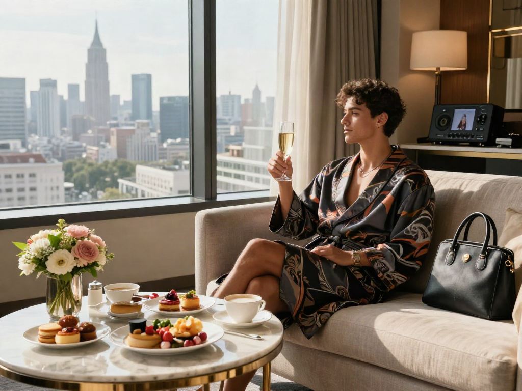 Pengalaman luxury111 dengan seseorang santai di suite hotel mewah, pemandangan kota yang menakjubkan.