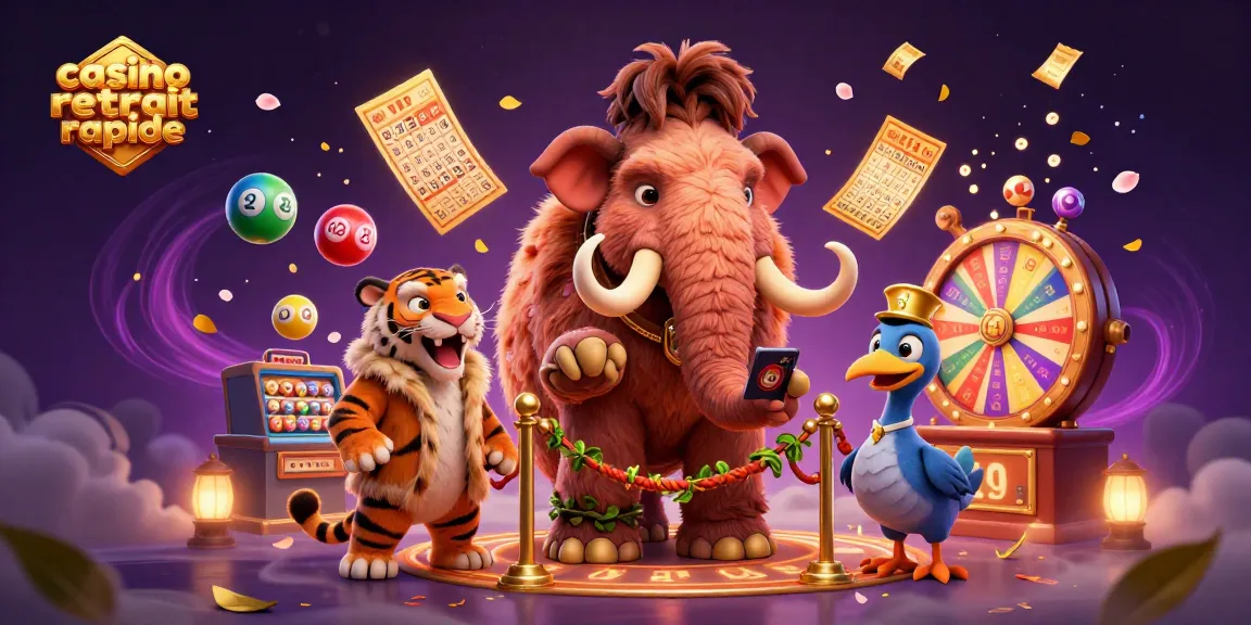 Illustration captivante pour casino retrait rapide avec un mammouth bouncer vérifiant les ID à l'entrée, accompagné d'un tigre et d'un dodo.