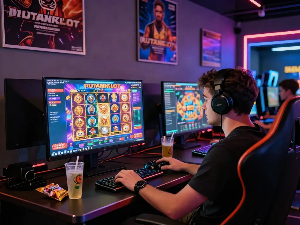 Player enjoying rutanslot in a dynamic online gaming setup with colorful LED lighting and engaging graphics.