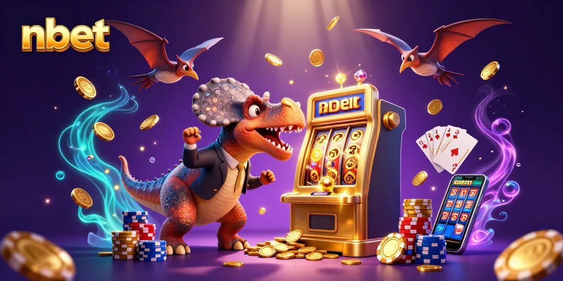 Experience the excitement of nbet as a pachycephalosaurus hits a jackpot slot machine, midst a flurry of coins.