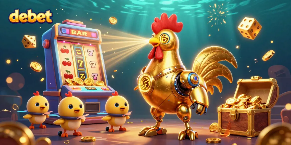 Experience the thrill of debet with a dynamic casino scene featuring golden rooster robot and winning symbols.