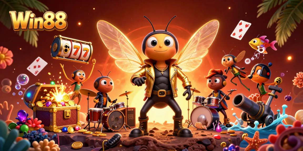 Engage with Win88 in a vibrant 3D casino scene featuring a cicada rock star and lively game elements.