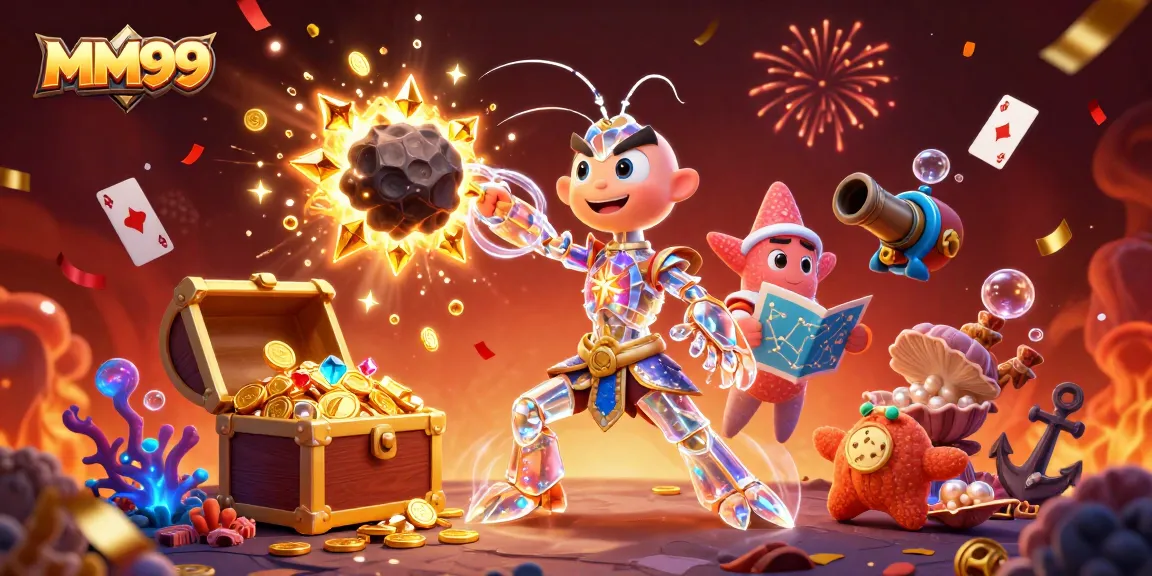 Experience the thrill of MM99 as a galactic samurai shrimp bursts through an asteroid, revealing gems and treasures.