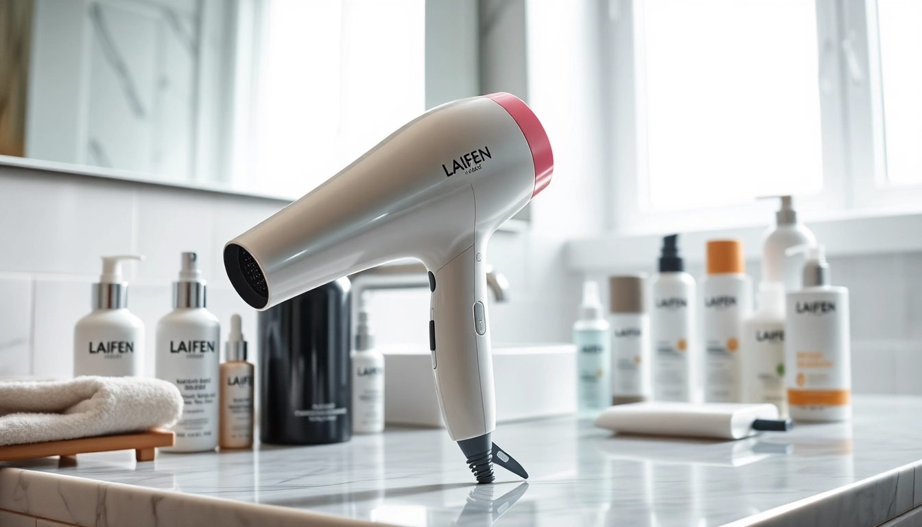 Showcase the Laifen blow dryer on a bathroom counter, highlighting its sleek design and innovative features.