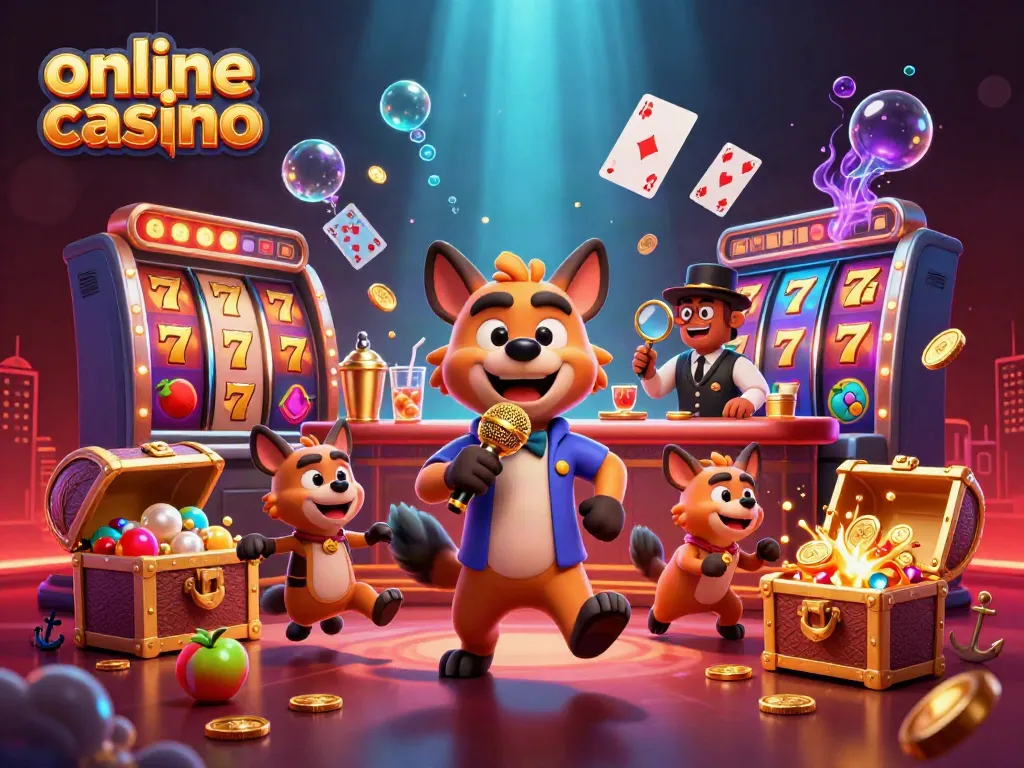 Enjoy a vibrant online casino scene with hyenas in a comedy club setting, dynamic game elements included.