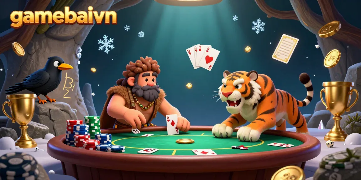 Engage with gamebaivn's exciting ancient poker scene showcasing dynamic characters and vibrant elements in a prehistoric casino.