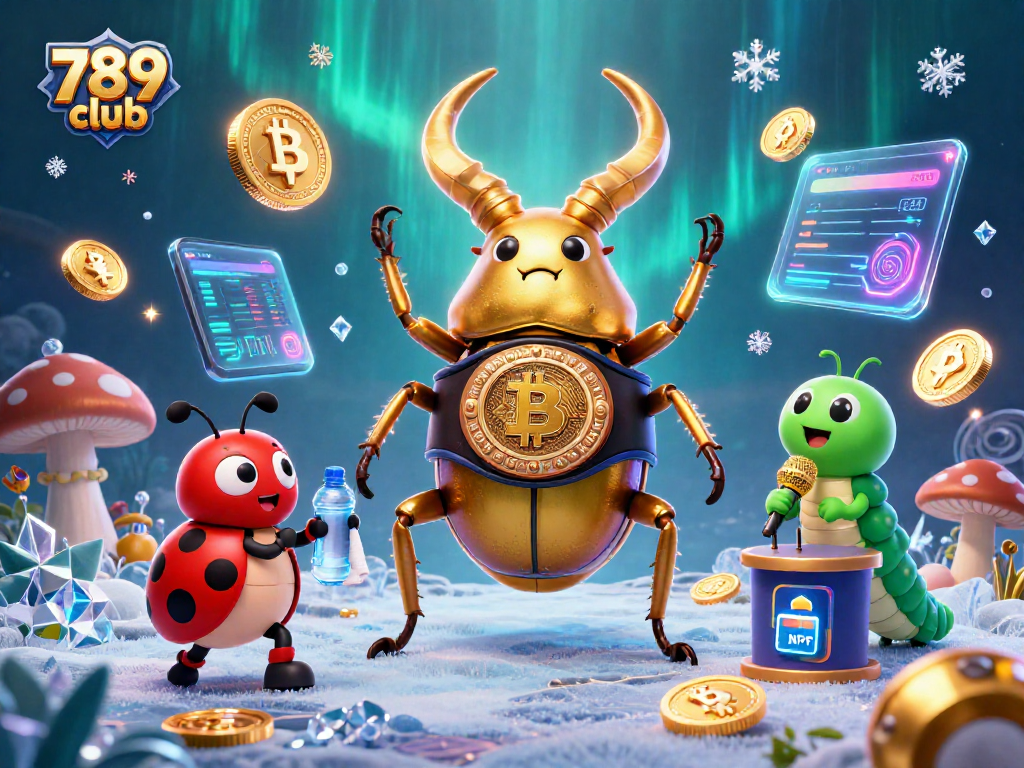 Engage with the 789 club as a golden stag beetle champions a boxing scene amidst glowing crypto elements.