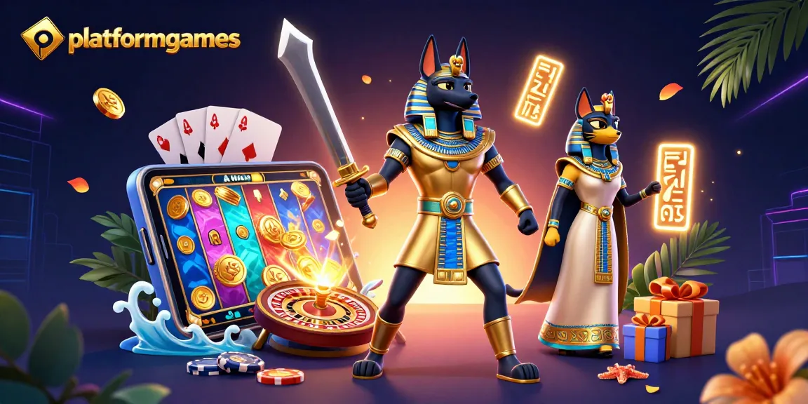 Engage with platformgames' thrilling betting action in a vibrant gambling scene featuring an Egyptian warrior, slot games, and coins.