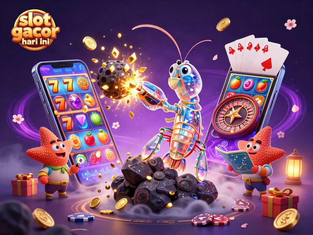 Engage with slot gacor hari ini through 3D visuals of a samurai shrimp and starfish amidst spinning slot reels.