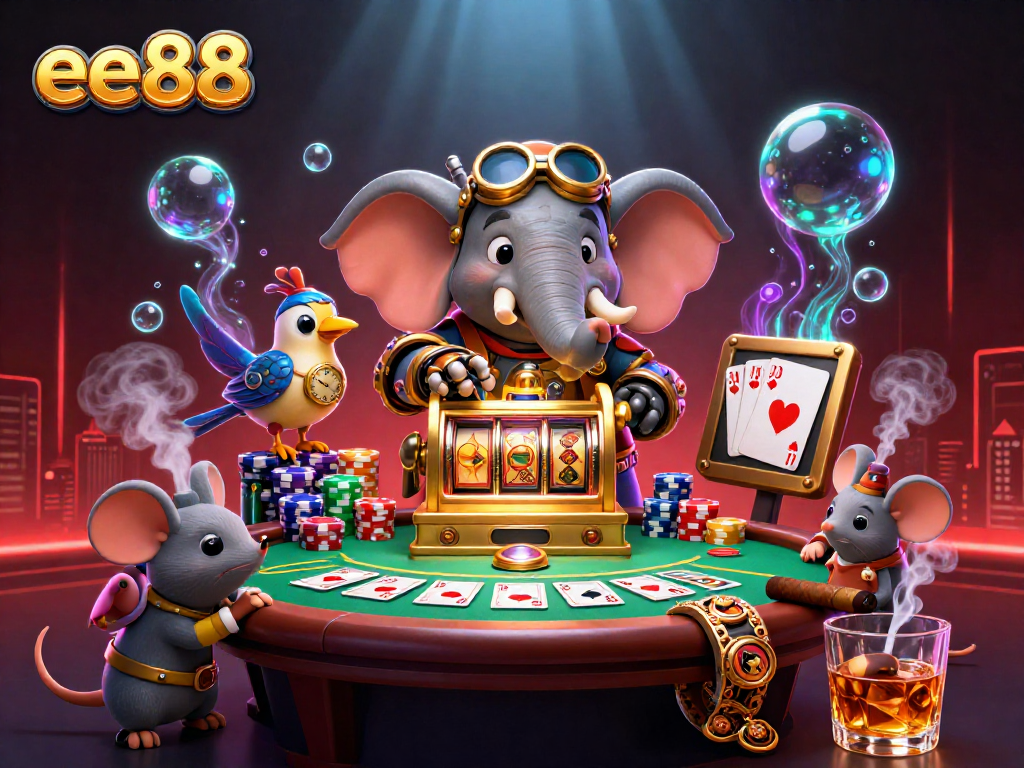 Activate thrilling wins at ee88 with our steampunk-themed casino illustrated scene.